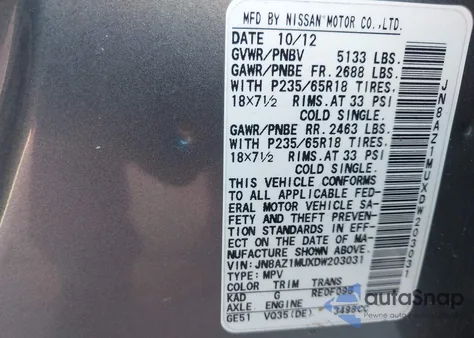 2013 Nissan Murano Sl из США, поврежденный, VIN JN8AZ1MUXDW203031